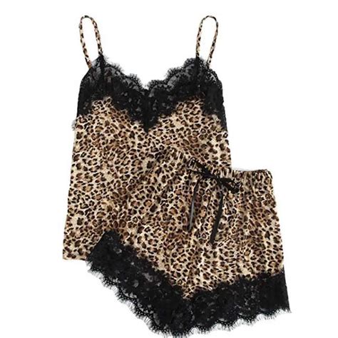 Sexy Pijama Set Sling Sleepwear Lingerie Lace Leopard Print Cami Tops E Shorts Conjuntos De