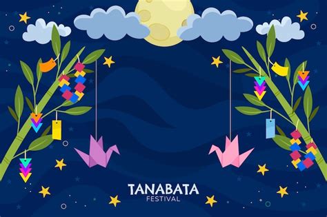 Free Vector Flat Tanabata Background With Origami Birds And Full Moon