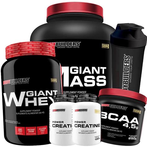 Kit Giant Mass 3kg + Giant Whey 900g + Bcaa 4.5 250g + 2x Creatina 100g ...