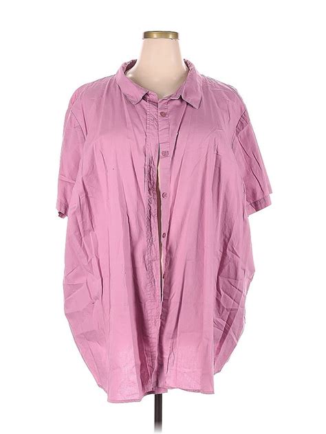 Woman Within 100 Cotton Solid Pink Short Sleeve Button Down Shirt Size
