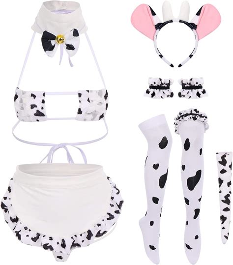 Ibakom Women S Milk Cow Costume Kawaii Cute Anime Lingerie Micro Bikini Monokini Bodysuit Halter