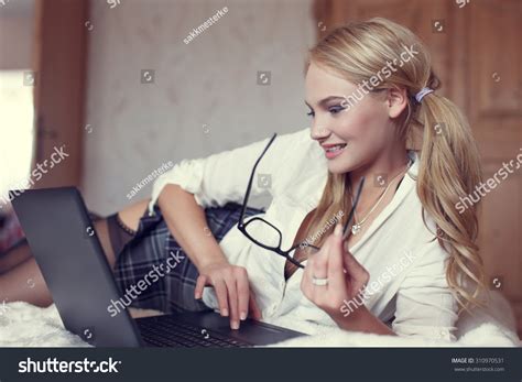 Sexy Blonde Student Chat On Laptop Stock Photo 310970531 Shutterstock