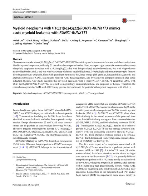 Pdf Myeloid Neoplasms With T1621q24q22runx1 Runx1t3 Mimics