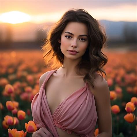 Premium AI Image Photo Of Brunette Dutch Woman Holding A Lip Stain Colorful Tulip Fiel Concept
