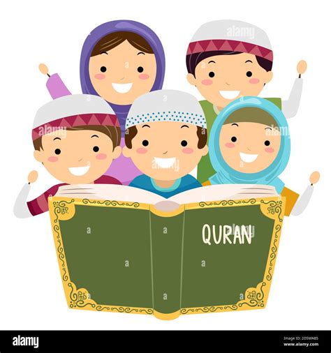 Illustration of Stickman Kids Muslim Reading the Quran Stock Photo - Alamy