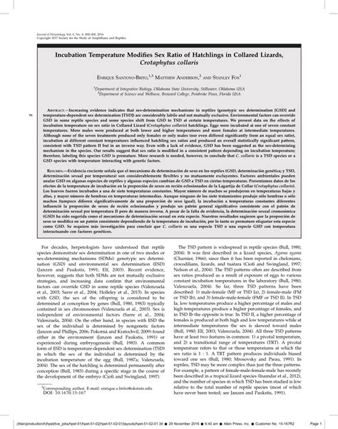 PDF Incubation Temperature Modifies Sex Ratio Of Hatchlings In Collared Lizards Crotaphytus