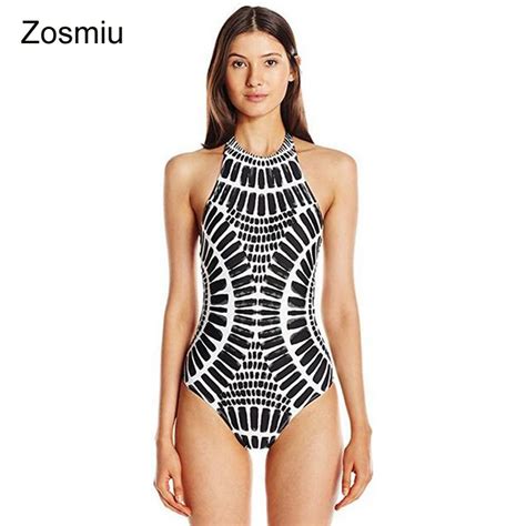 Zosmiu Black Fish Scale Pattern Print Swimsuit Women Swimwear Monokini Hot High Neck Halter