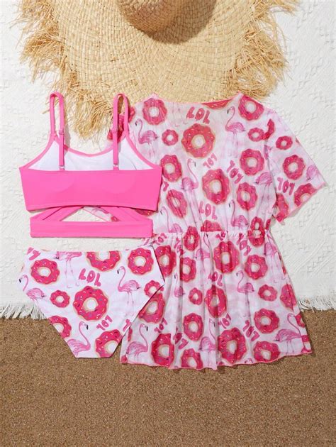 Tween Girl Donuts Print Criss Cross Bikini Set With Kimono Summer Beach Shein Eur
