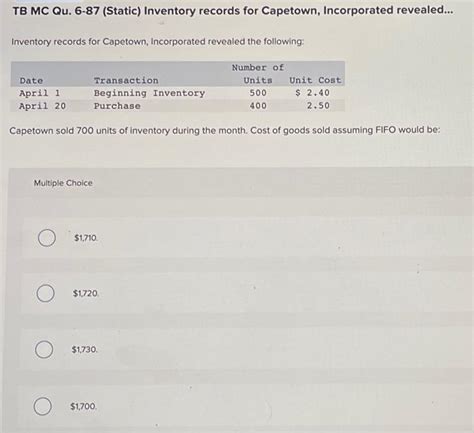 Solved Tb Mc Qu Static Inventory Records For Chegg