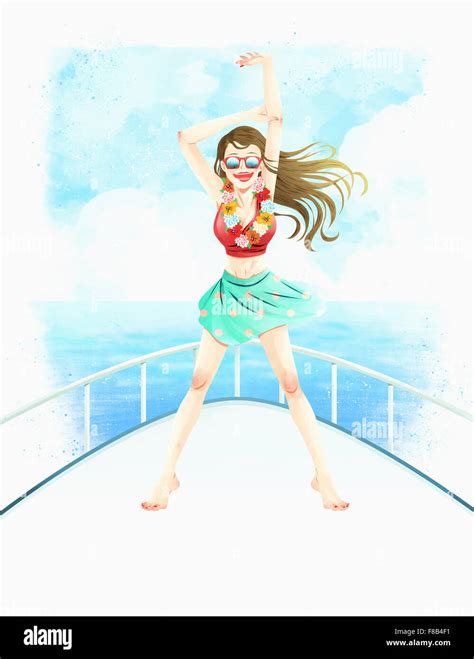 Junge Frau Im Bikini Posieren Auf Dem Bug Der Yacht Gegen Meer Und Wolken Himmel Stockfotografie