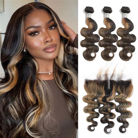 Amazon Hightlight Honey Blonde Bundles With Frontal Human Hair Hightlighted Bundles With