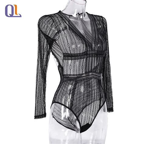Lace Light Mesh Long Sleeved Hot Perspective V Neck One Piece Women Sexy Lingerie Sexy