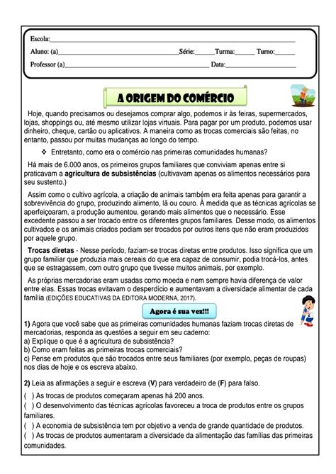 Atividades Sobre Comércio 4 Ano Com Gabarito