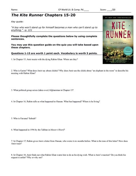 WEEK 4 - The Kite Runner Chapters 15-20 guide - Name: CP World Lit