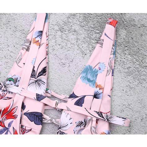 Free Shipping Women Deep V Neck Sexy Bikini Slim Bodysuit Floral Printed Swimsuit Push Up Padded