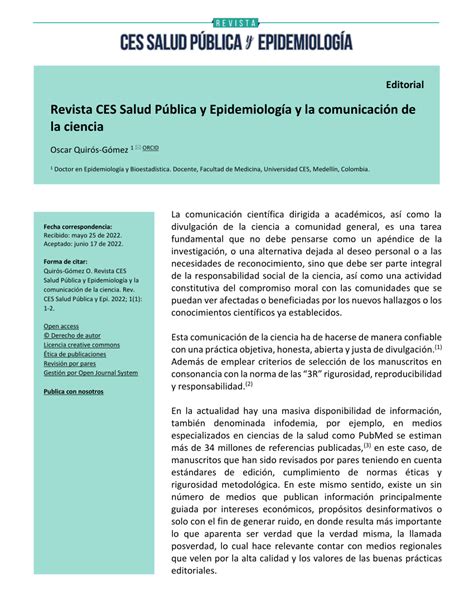 Pdf Revista Ces Salud P Blica Y Epidemiolog A Y La Comunicaci N De La