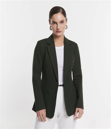 Blazer Alongado Em Ponto Roma Bolsos Embutidos Verde Musgo