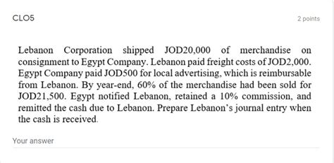 Solved Clo Points On Lebanon Corporation Shipped Chegg