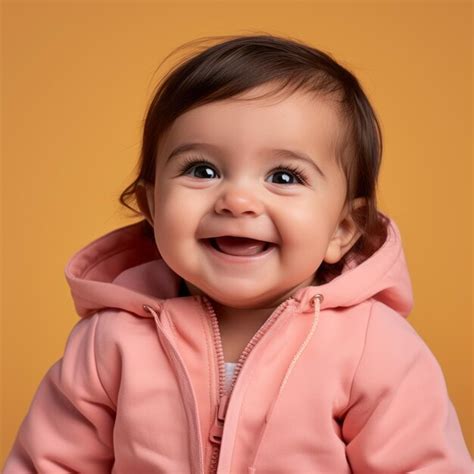 Premium Ai Image A Smiling Baby In A Pink Jacket On An Orange Background