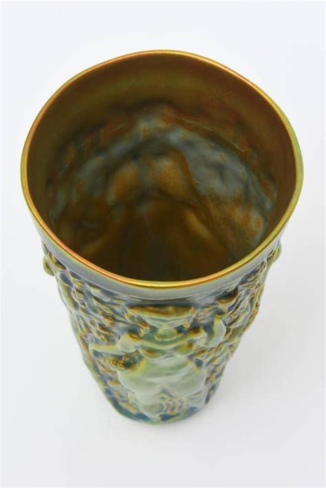 Zsolnay Vintage Glazed Green Brown And Turquoise Nude Relief Ceramic Vase For Sale At StDibs