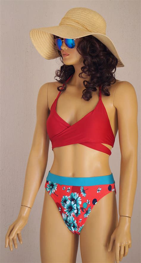 Red Wrap Bikini Top Floral High Cut Scrunch Bottoms Plus Size Bathing Suit Bikini Set
