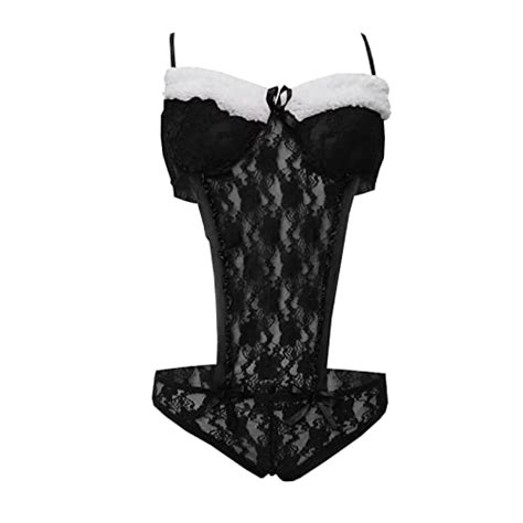Womens Christmas Plush Lingerie Sexy Snap Crotch Bodysuit For Sex Naughty Play Cute Bowknit