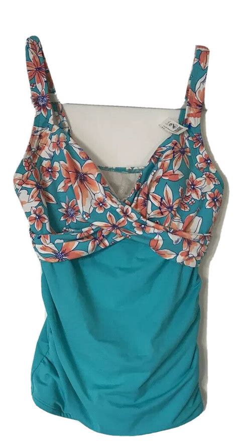 78 New Lands End Aqua Blue Floral Tankini Top Padded And Underwire