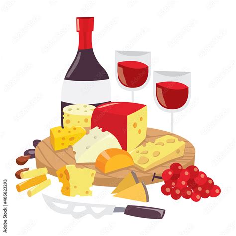 Cartoon Round Cheese Board Wine Bottle Glasses Stock Vector | Adobe Stock