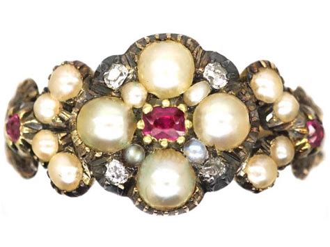 Georgian 15ct Gold Cluster Ring Set With Natural Split Pearls Rubies
