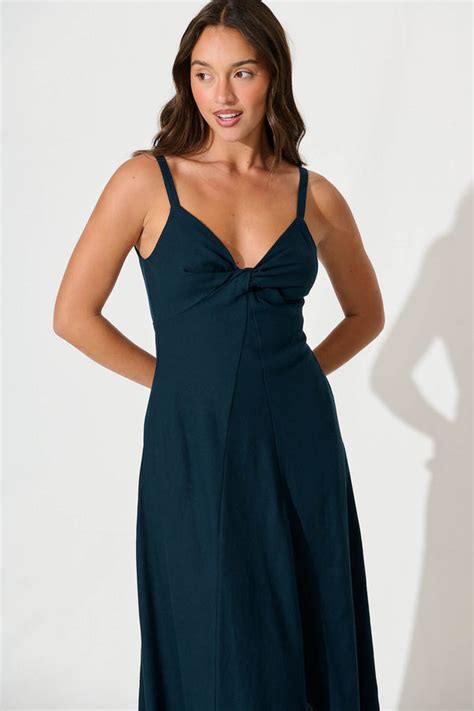 Roselani Midi Sundress In Navy Cotton Linen Blend St Frock