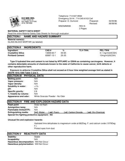 MSDS GLASS BLOCK MORTAR PDF