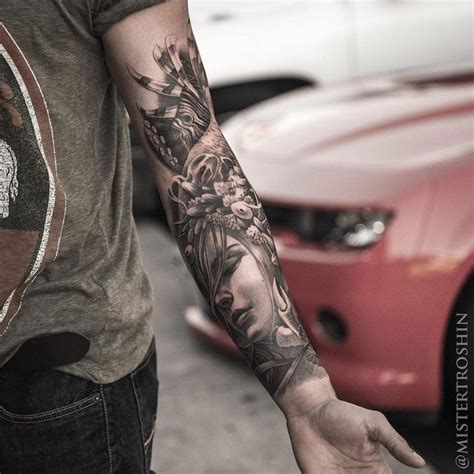 Unterarm Tattoo In Schwarz Und Grau Frauenkopf Mit Blumen Forearm