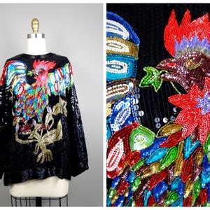 Wild Abstract Bird Beaded Sequined Blouse Rainbow Rooster Sequin