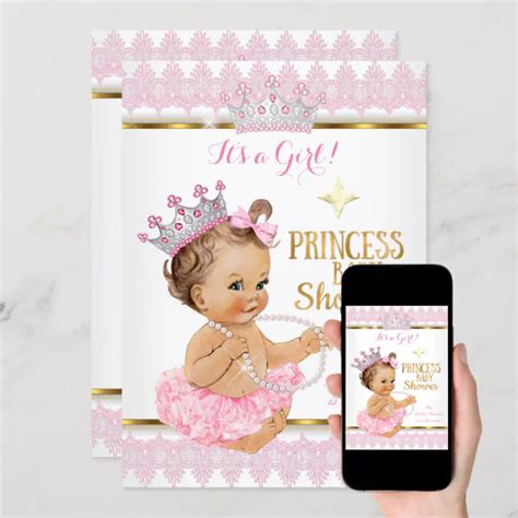 Princess Girl Baby Shower Pink Gold Tutu Brunette Invitation Zazzle