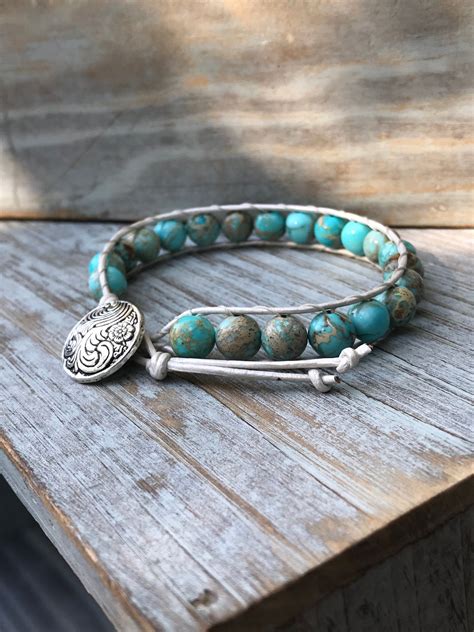 Bohemian Style Leather Wrap Bracelet With Dyed Turquoise Etsy Leather Wrap Bracelet Ankle