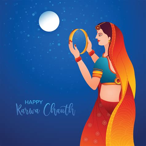 Happy Karwa Chauth Festival Card With Indian Copule Celebration Design