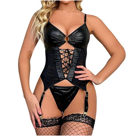 Diskebuiss Women Lingerie Set Leather Sexy Strappy Push Up Babydoll With Garter Belt Black L