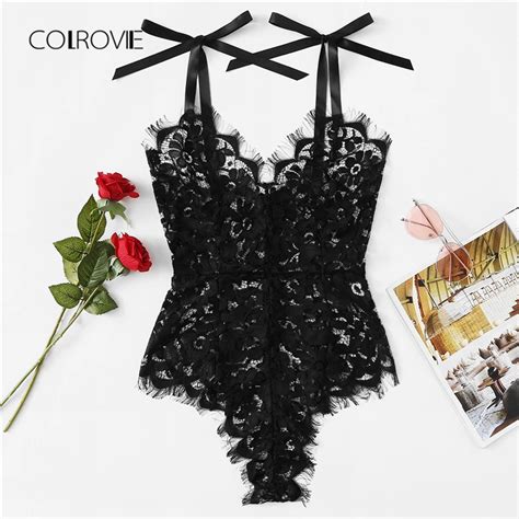 Colrovie Black Solid Sexy Eyelash Lace Teddy Bodysuit Summer New Sexy V