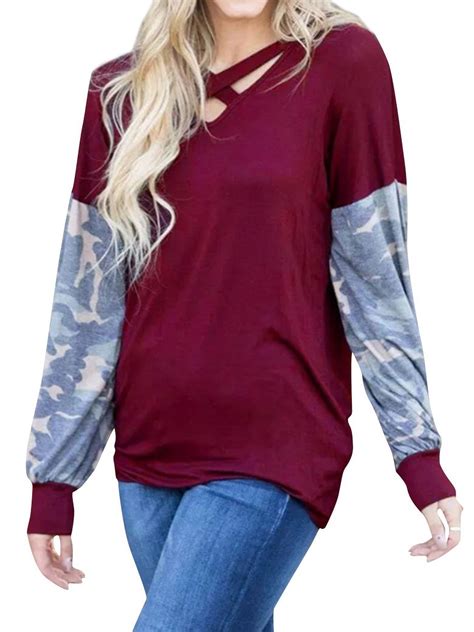 Hubery Women Cross Chest V Neck Long Sleeve Camouflage Stitching Top