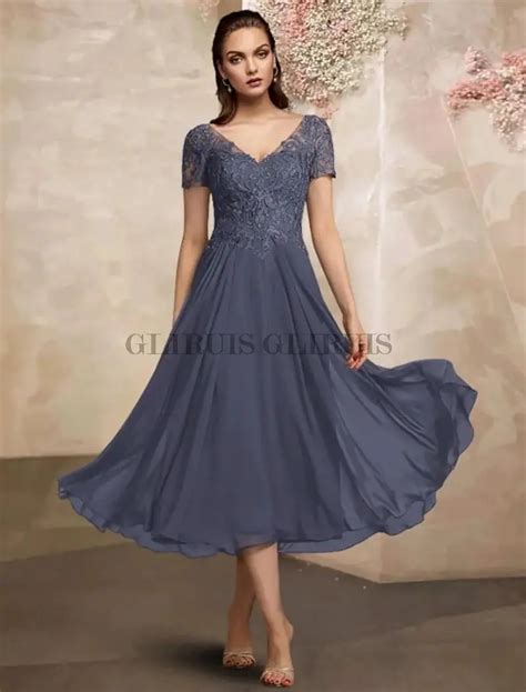 A Line Princess V Neck Tea Length Chiffon Lace Mother Of The Bride