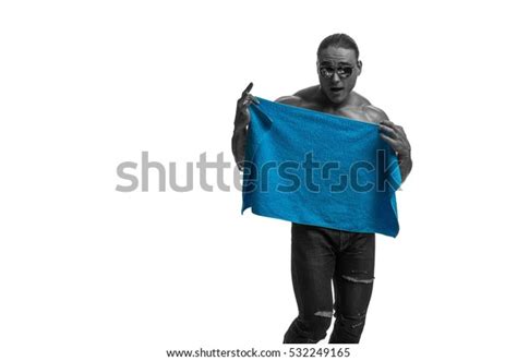 Male Bodybuilder Athlete Naked Torso Towel Stock Photo