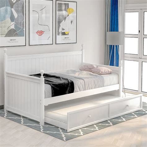 Tcbosik Modern Wood Daybed Twin Size With Trundle Bed For Living Room