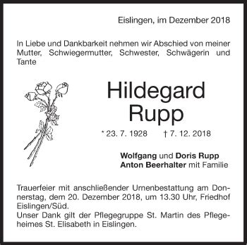 Traueranzeigen von Hildegard Rupp Südwest Presse Trauer