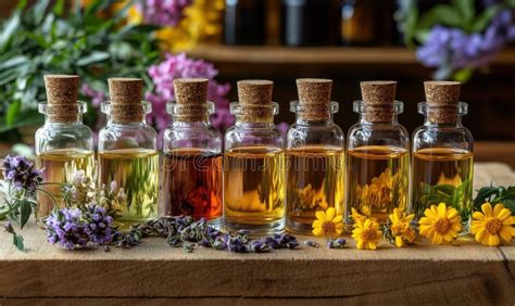 assorted essential oils  glass bottles  natural flowers  herbs