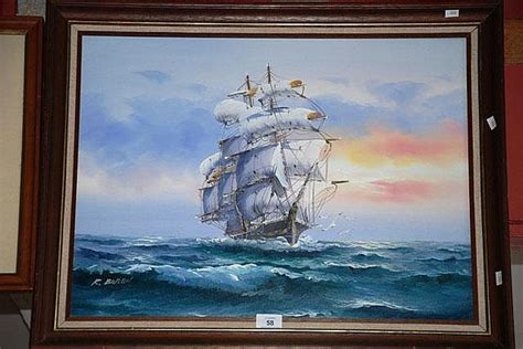 Oil painting - old sailing ship at sea, signed R.