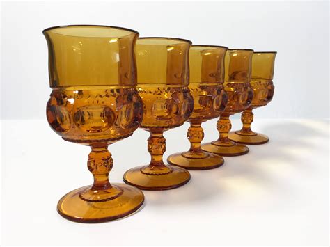 5 Vintage Amber Glass Wine Water Glasses Decorative Sides And Stems W Impressions Sturdy