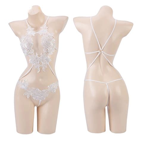 Sexy Hollow White Petal Bodysuit Women Backless Lingerie Role Play Outfits Sleepwear Mesh Robe