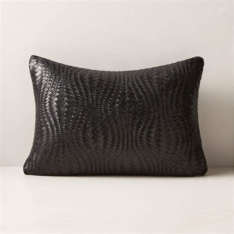 Flow Woven Black Leather Lumbar Pillow With Feather Down Insert 18 X12