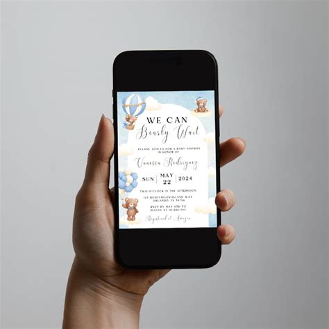 We Can Bearly Wait Baby Shower Invitation Set Blue Hot Air Balloons Teddy Baby Bear Theme 3pc