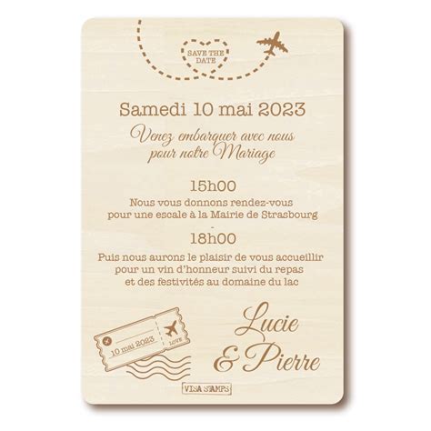 Faire part de mariage original en bois pour un thème sur le voyage